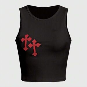 ⭐️Black Tank Top w/ Double Red Cross Design SHEIN M NWT